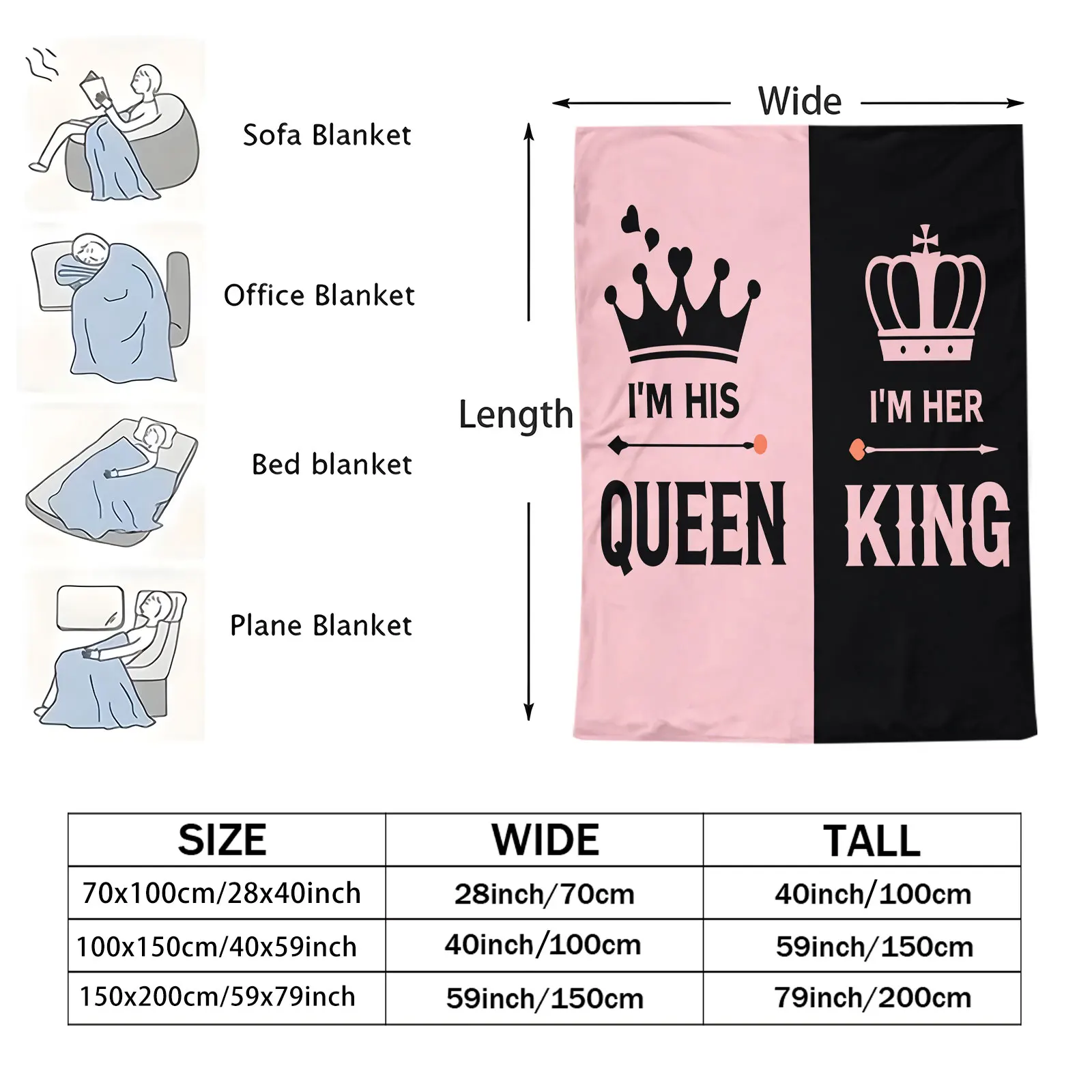 بطانية من الفلانيل على شكل قلب الحب بتصميم الملك الملك الملكة الملونة، بطانية متعددة الوظائف لسرير الأريكة والسفر، هدية مثالية للأزواج