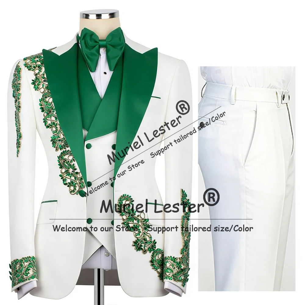 Unique Design Beaded Stones Suits Men For Wedding 3 Piece Set Groom Tuxedos Customized Banquet Party Blazer trajes para hombre