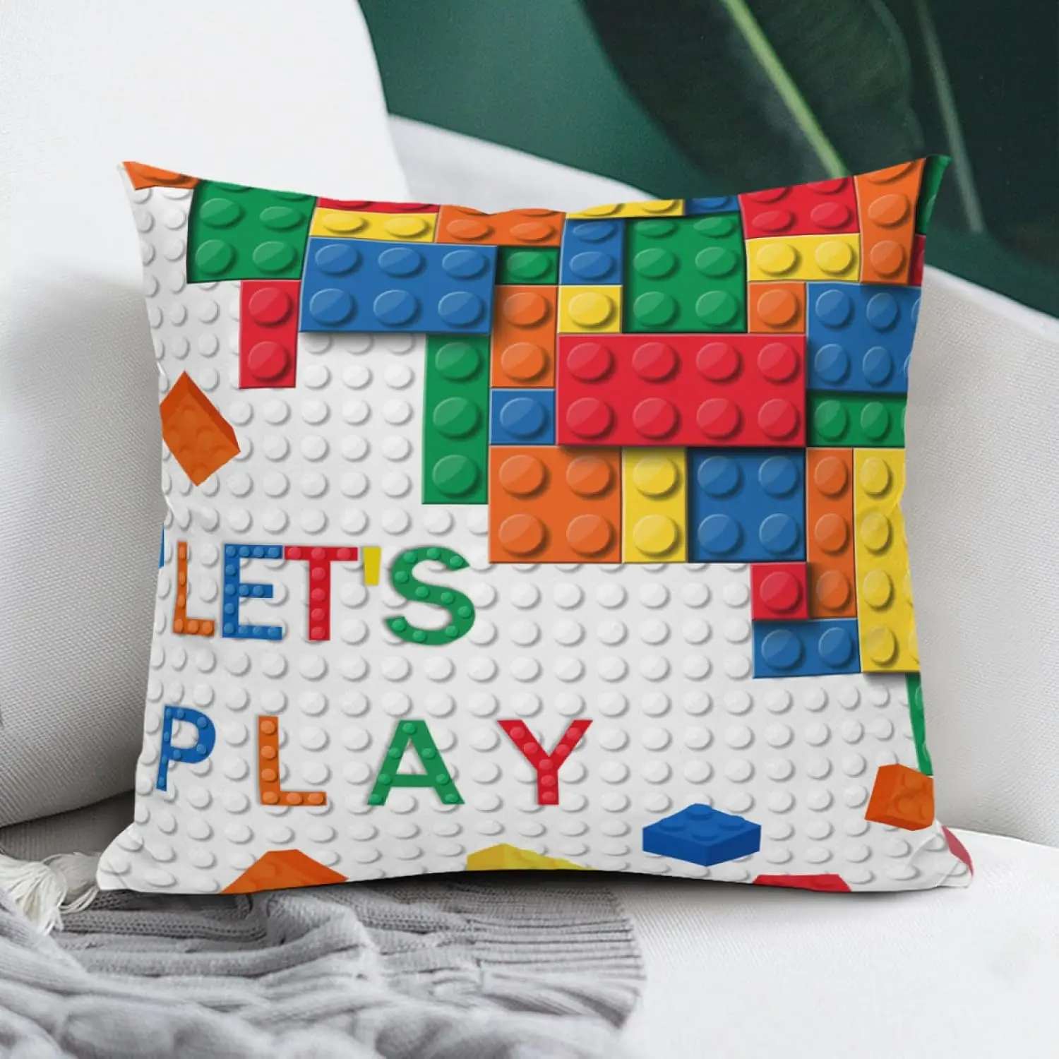 Colorful Building Blocks Theme Pillowcase Throw Pillow Kids Room Decor Nursery Print Let's Play Accent 18x18 Inch Baby Shower