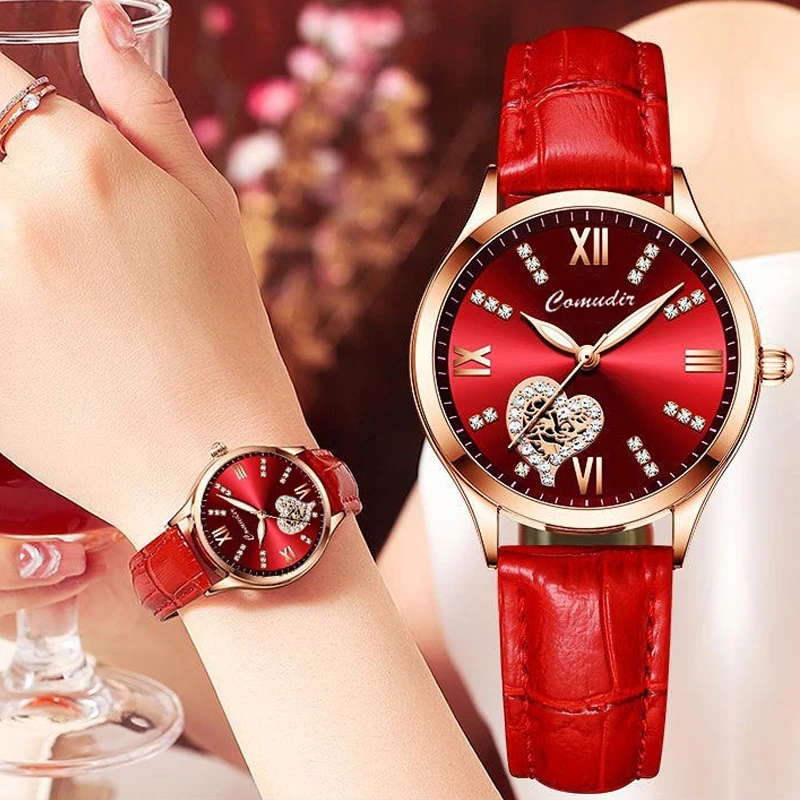 Relojes de cuarzo de lujo Para Mujer, correa de cuero PU, resistente al agua, luminoso con diamantes, Reloj de amor, Reloj Para Mujer