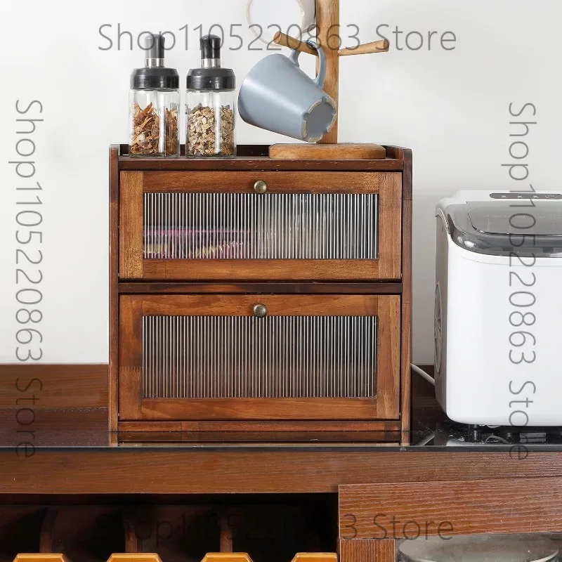Kitchen countertop bread box Wooden bread storage container Double layer bread box Acrylic window Food storage bracket