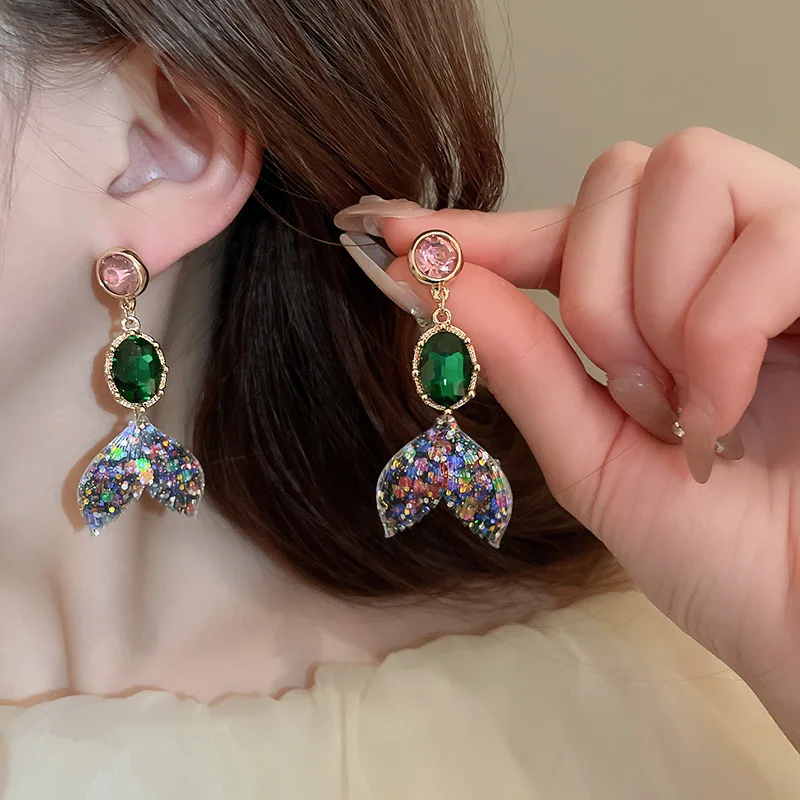 Colorful Fishtail Rhinestone Earrings for Women Fashion Style Drop Earrings Medieval Vintage High-grade Sense Jewelry Girl Party