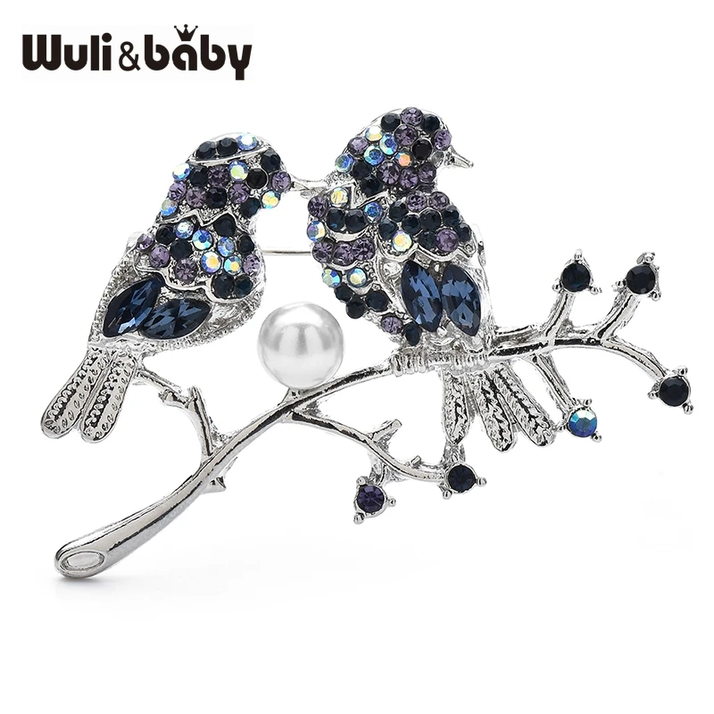 Wuli&baby Crystal Couple Birds Bullfinch Brooch Pearl Pyrrhula Pin Elegant Women Jewelry Badge For Suit Sweater and Dress