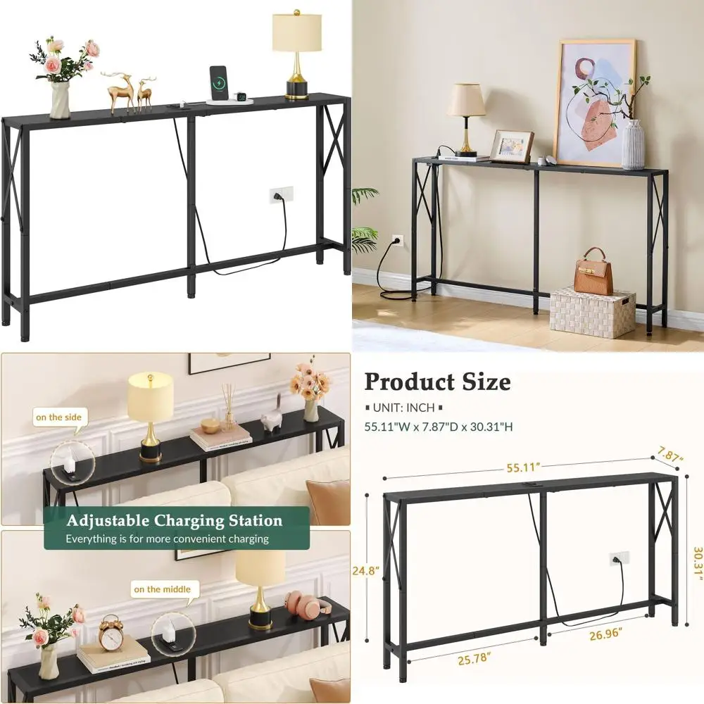 

Узкий диванный столик 55.1 дюйма с розетками и USB-портами, подходит для прихожей, коридора, гостиной и спальни, шнур питания 6.5 футов.