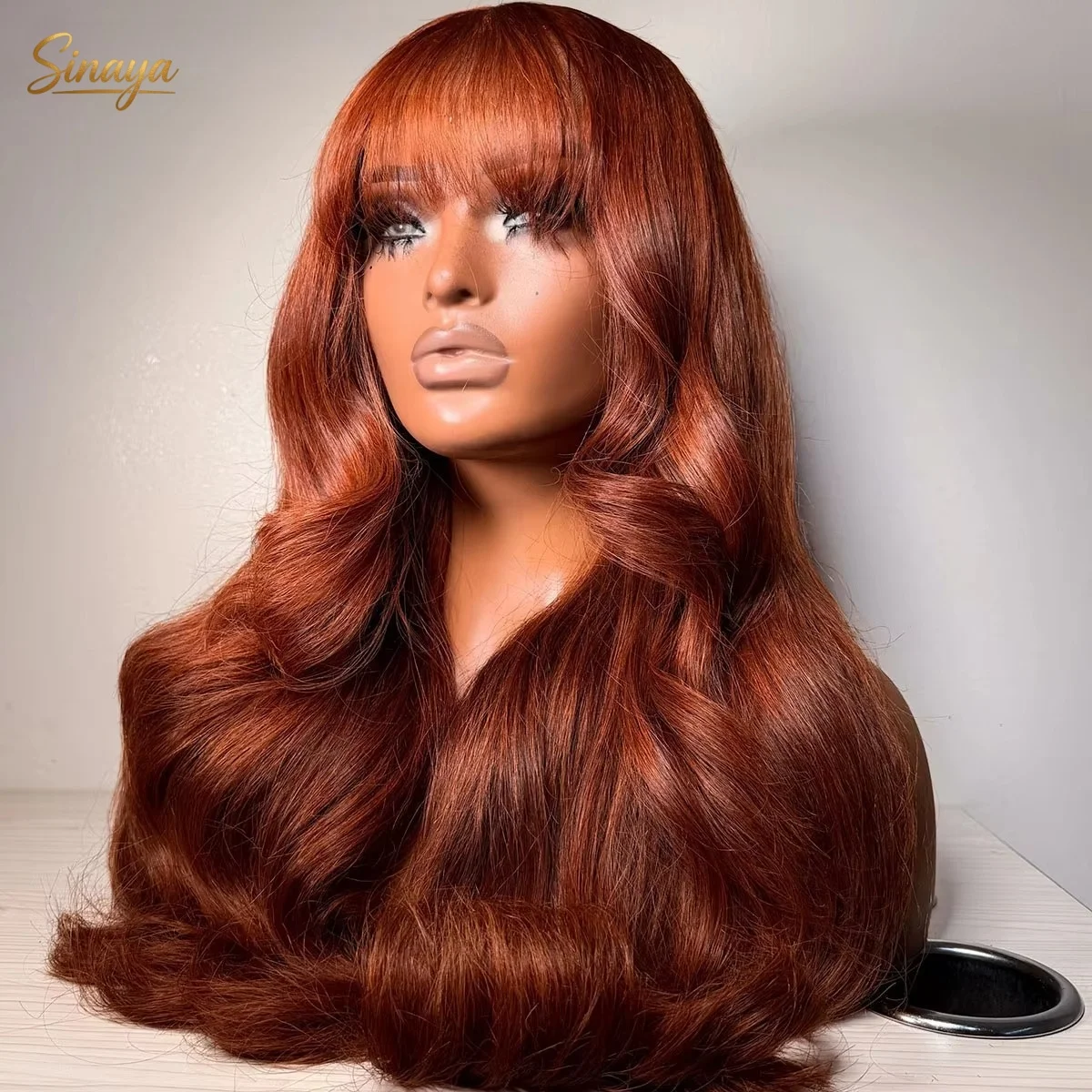 Ginger Wig With Bangs Long Curly Wavy Copper Auburn Wig Middle Part Synthetic Heat Resistant Fiber Halloween Cosplay Costume