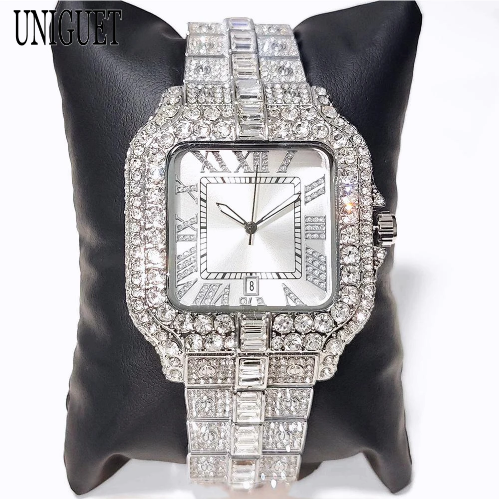 

UNIGUET Fashion Ice Watch For Men Luxury Steel Roman Literal Hip Hop Full Diamond Square Quartz Wristwatch Male Dropshipping