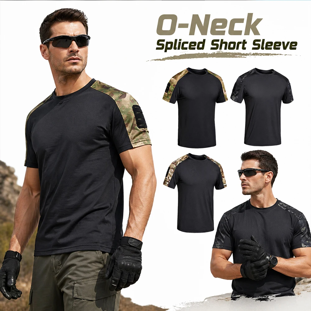 

Tactical O-Neck Spliced Camo T-Shirt Men's Short Sleeve Combat Fightwear Top Breathable Outdoor Hiking Trekking Training Tees