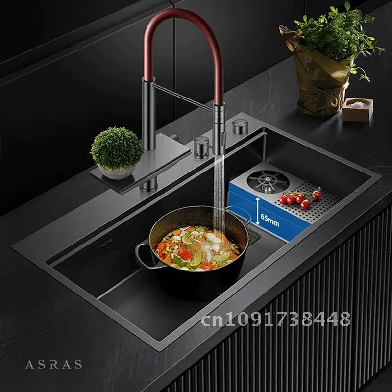 ASRAS New Waterfall Faucet Kitchen Sinks Nanometer Large Size 4mm Panel Handmade Sinks Cup Rinser Kitchen Sinks