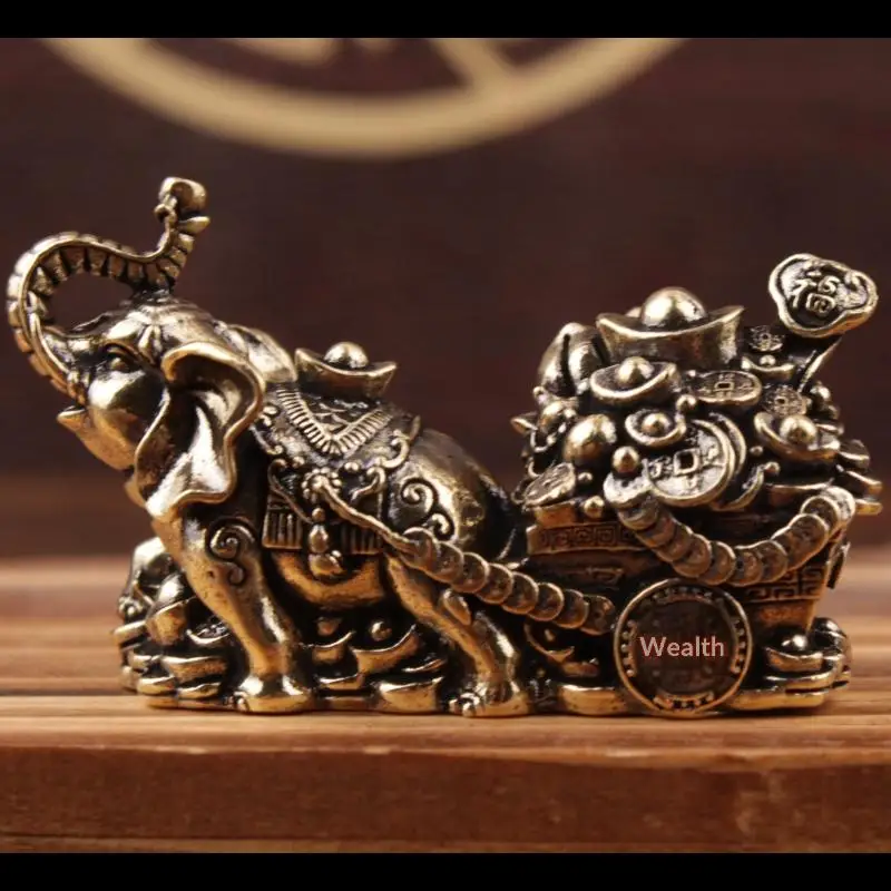 Brass Ornament Treasure Bowl Elephant Pulling Cart Home Craft Living Room Gift Decoration