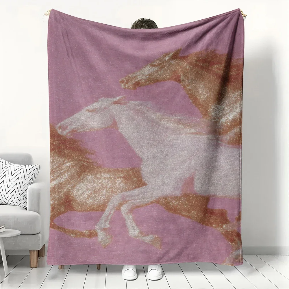 Elegant Running Horses Flannel Blanket  Year of the Horse Artistic Throw Soft Cozy for Lunar New Year Home Decor