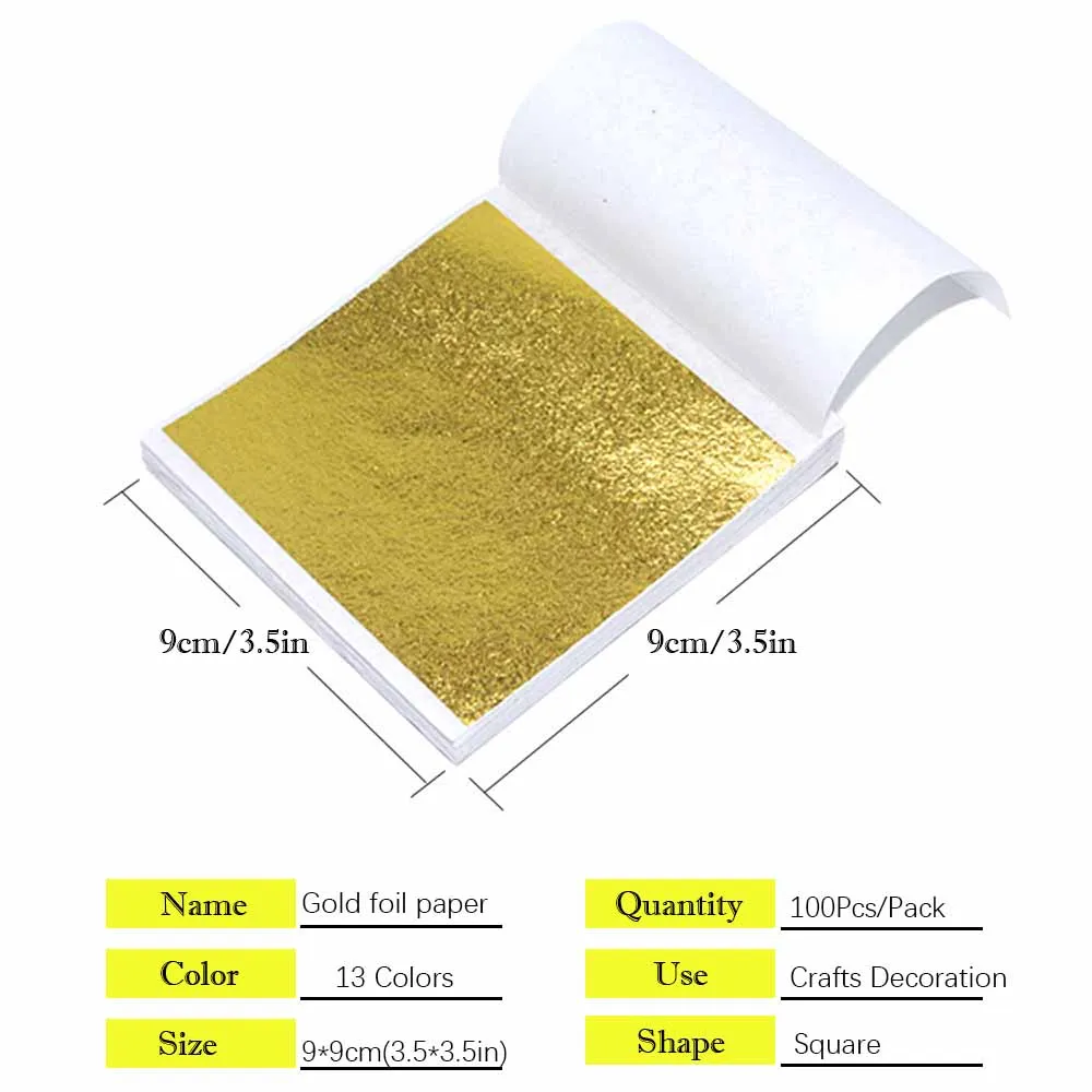 100Sheets/Pack Imitation Gold Sliver Foil Paper DIY Statue Plaster Craft Leaf Flake Gilding Sheets Art Nail Home Decor 9*9cm