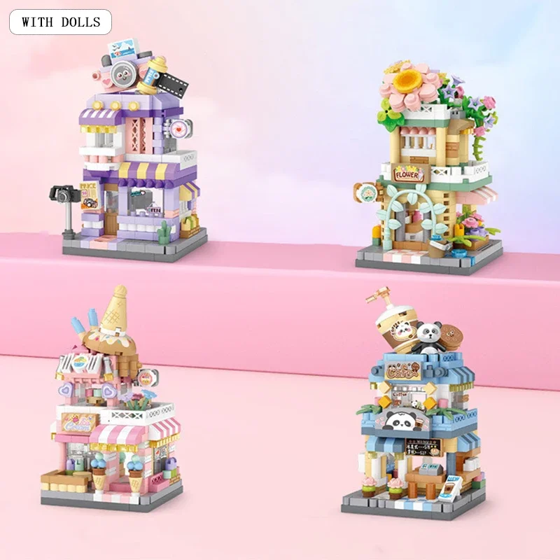 Mini City Landscape Ice Cream Building Blocks Cafe Tea House Cute Bear Children Kids Home Decoration Christmas Holiday Gift