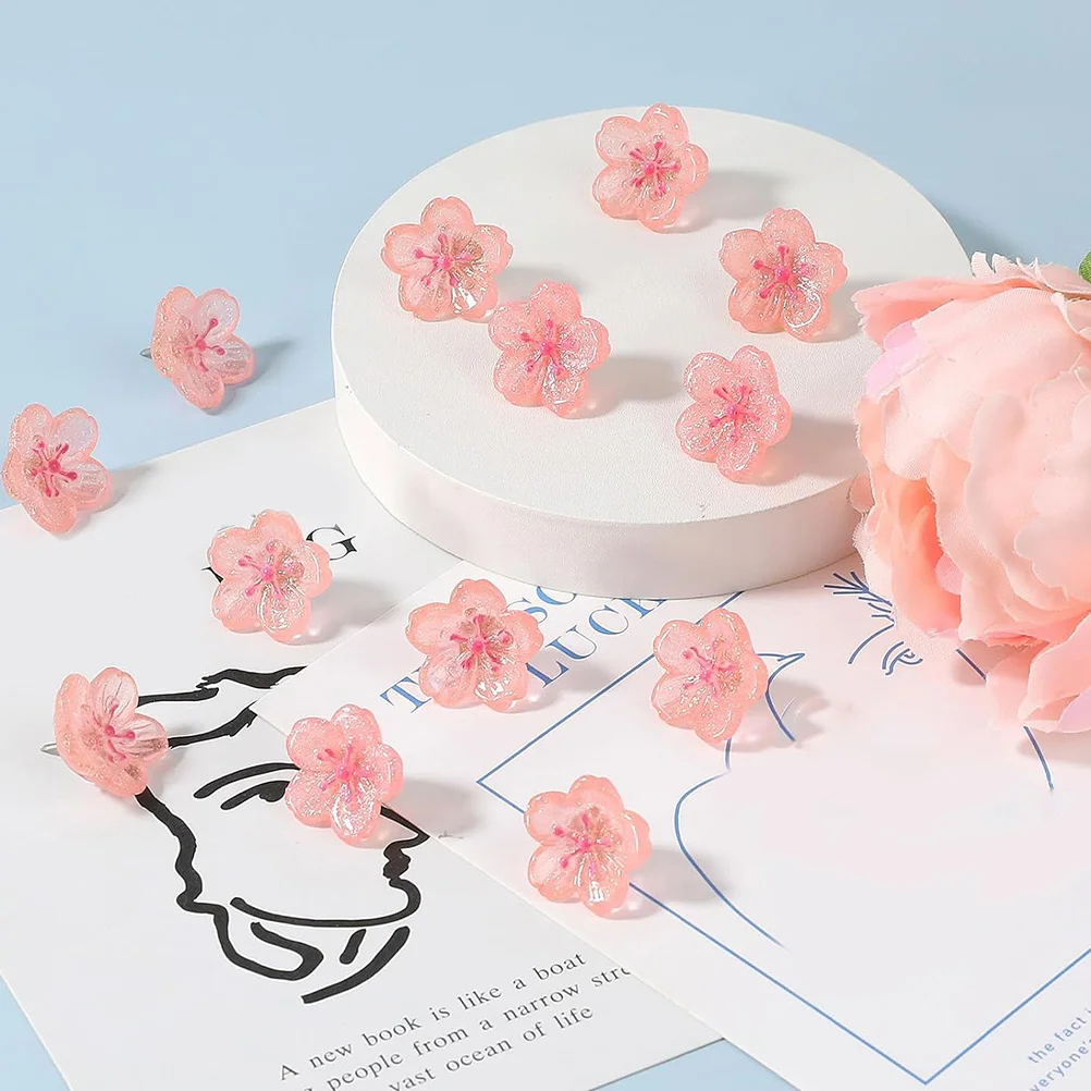 

30pcs Push Pins Cute Desk Accessories Pink Cherry Blossom Office Home Decor Bulletin Board Flower Tacks Cork Board