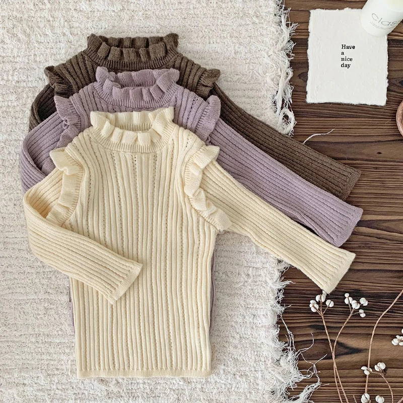 

Infant Baby Girl Sweaters Cute Ruffle Long Sleeve Solid Color Knit Pullover Toddler Pit Striped SweaterTops Elastic Pullover