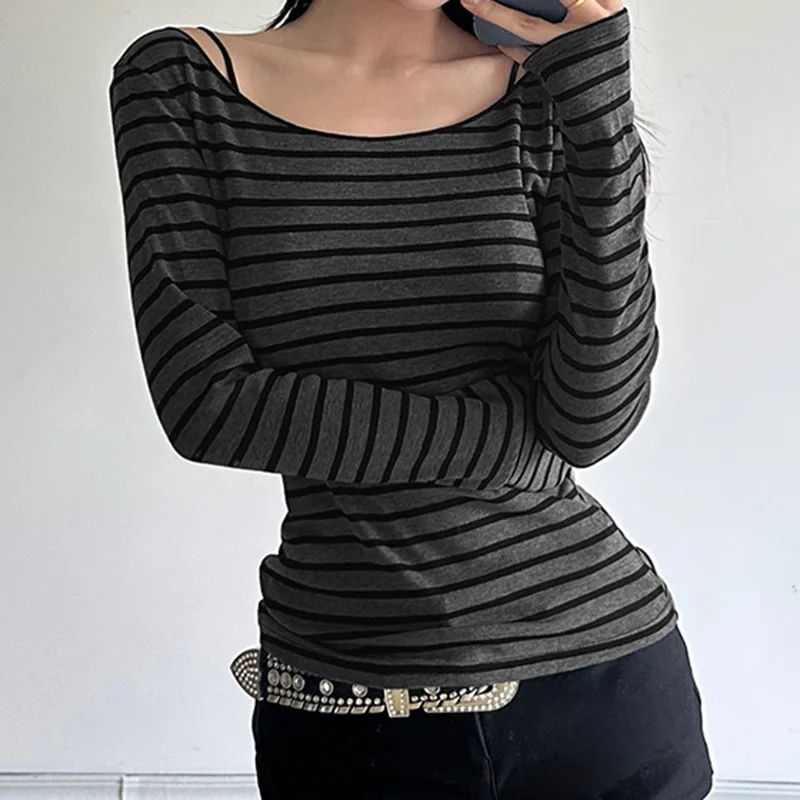 

Футболка Slim Fit Long Sve, повседневная легкая большая круглая футболка Ne, весна-осень, Новое поступление, полосатый женский вязаный топ