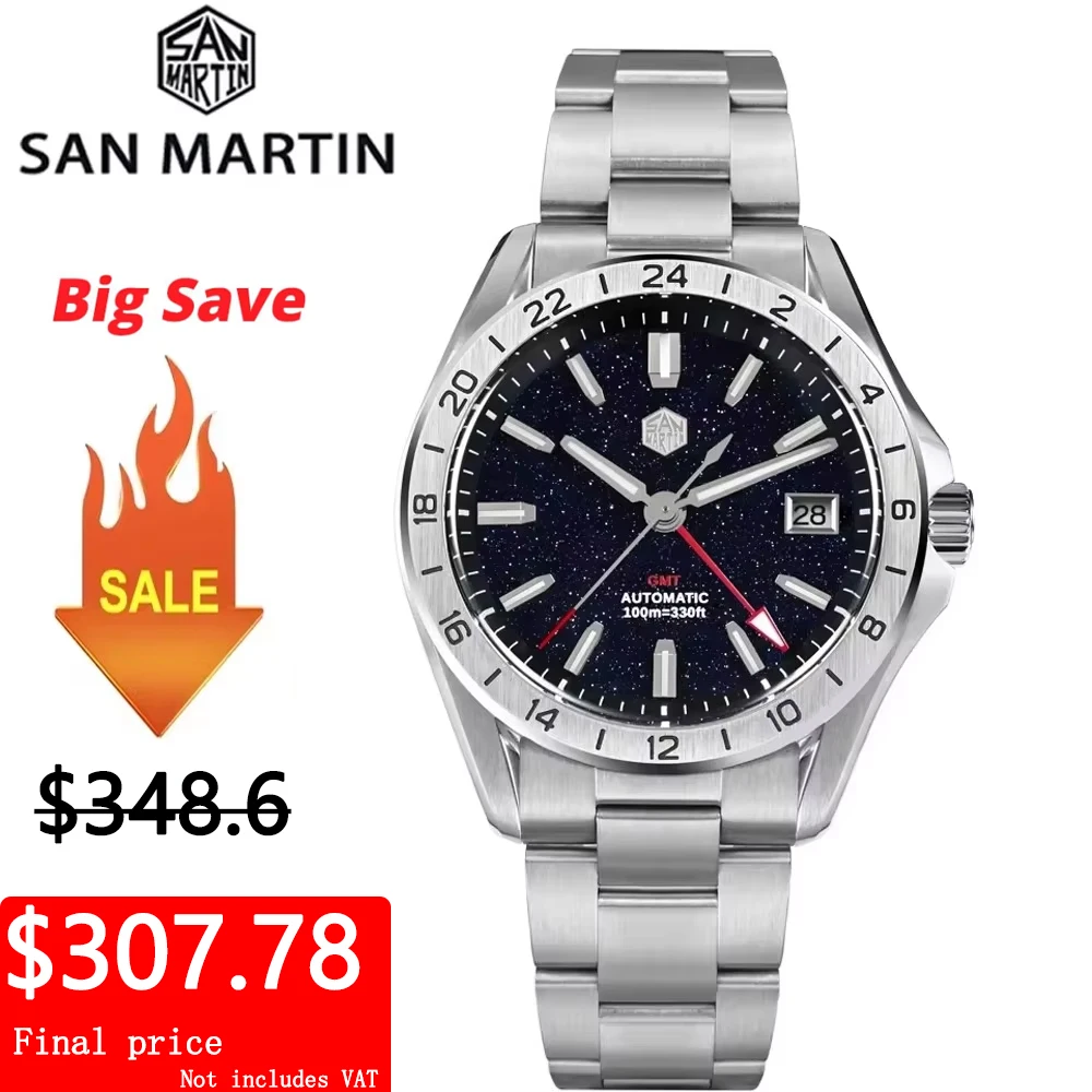 

San Martin SN0129 39 мм GMT Мужские часы Авантюрин Драгоценный камень Циферблат NH34 Автоматические механические сапфировые водонепроницаемые светящиеся часы