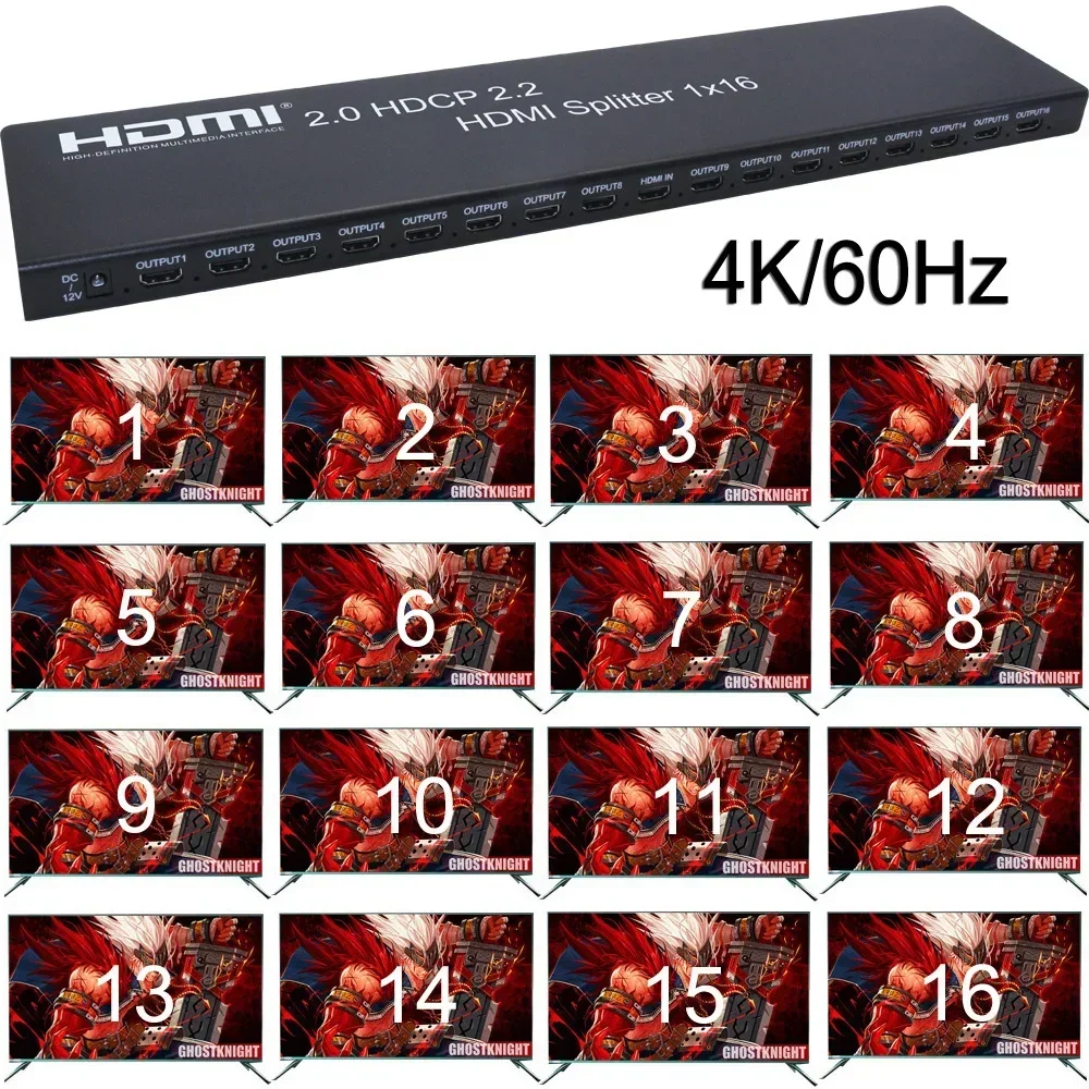 HDMI 2.0 1x16 Screen Splitter Adatper 4K 60Hz 3D HDR 1 Input and 16 Outputs Video Distributor for PS4 DVD Laptop PC TV Monitor