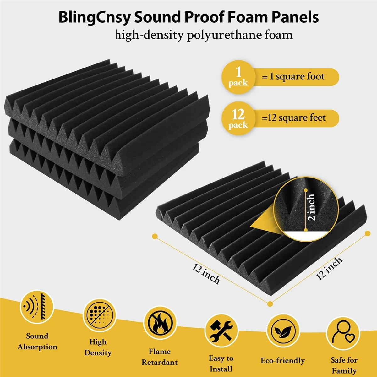 12 Pack 2X12X12Inch Soundproof Wall Panels Self-Adhesive,Wedge Sound Proof Foam Panels for Home Studio Office,Black&Grey