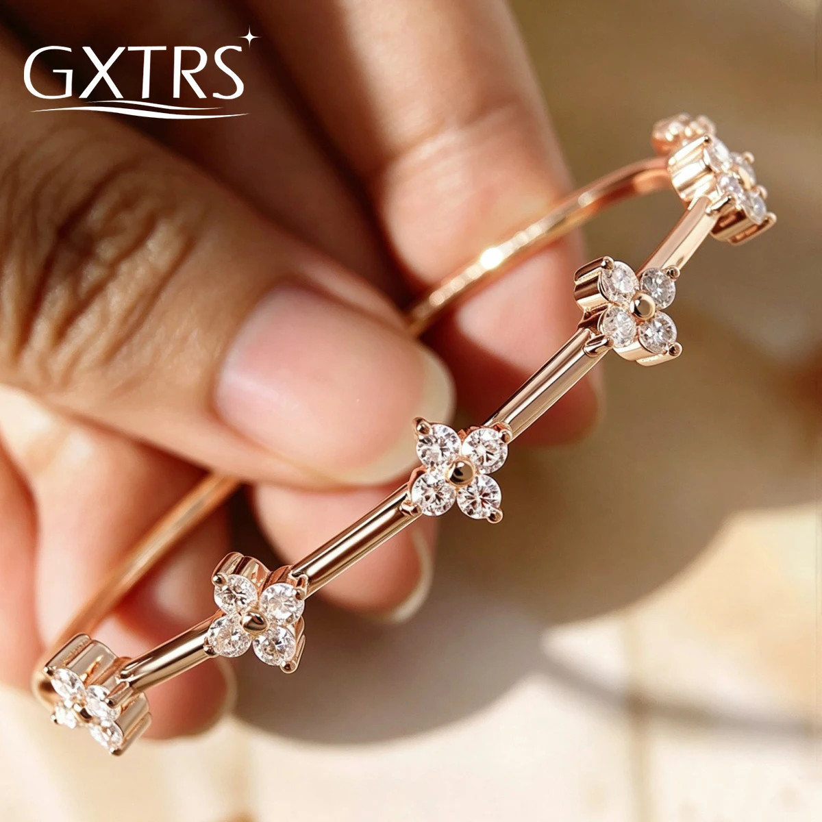 GXTRS 2.5mm Full Moissanite S925 Silver Bangles For Women Sparkling Lab Diamond Flower Bracelets 18K Plated Wedding Fine Jewelry
