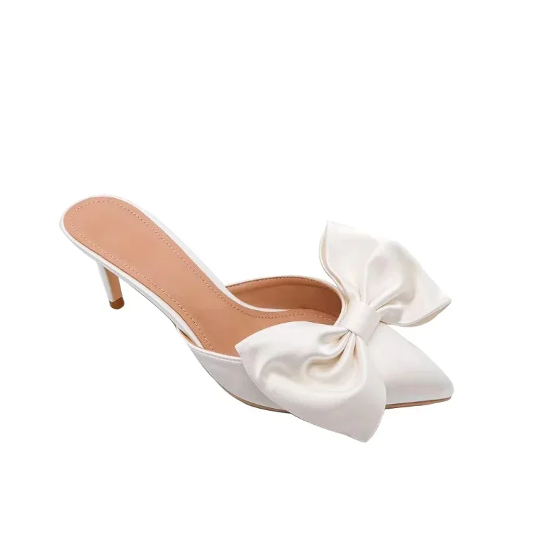2024 Summer Women\'s Slippers Bowknot Cat Heel Low Heel Mid Heel Pointed Toe Shoes Slippers High Heels