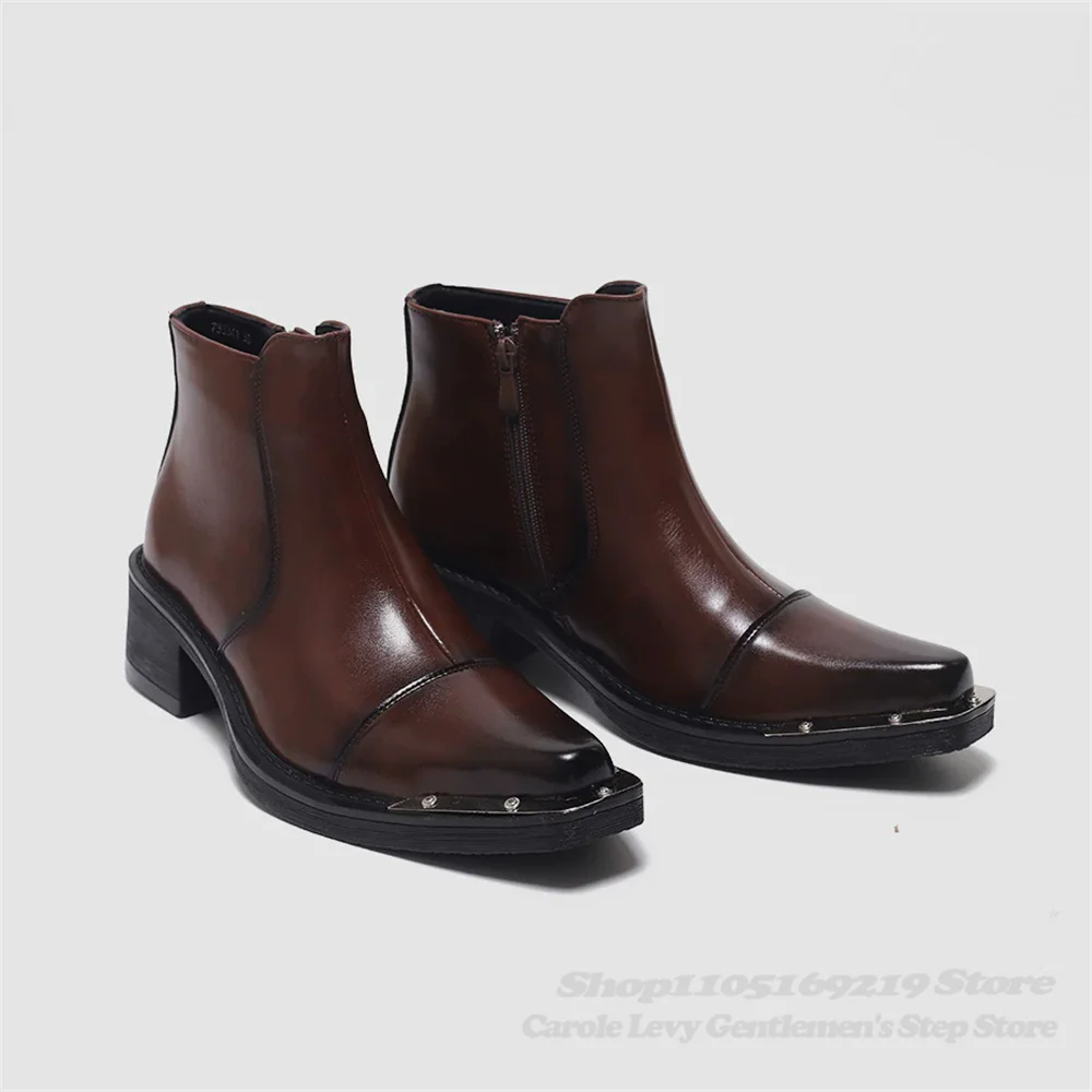 Metal Iron Head High Heels Chelsea Boots Men's Thick Heels Short Boots Tall Pointed Toe Side Zipper Derby Leather Shoes Brown
