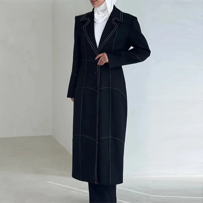 

Hit Color Slimming Long Coats For Women Lapel Long Sleeve High Waist Temperament Spliced Pocket Jackets Female New