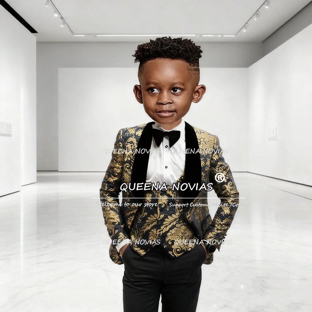 クラシックな花柄プリントの男の子用スーツ 結婚式用 3ピースセット シングルブレスト ジャカードブレザー カスタムキッズフォーマルパーティータキシード
