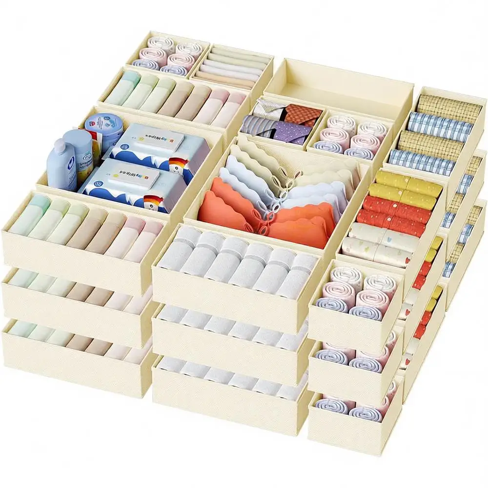 

30 Pack Foldable Closet Organizers, Fabric Drawer Bins, Dividers for Baby Clothes, Underwear, Socks, Beige