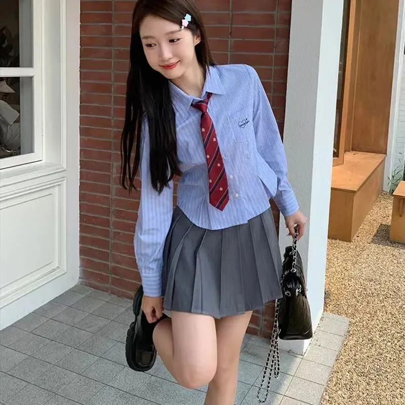 Striped Women Crop Shirts Y2K Japanese Slim Long Sleeve Button Up Casual Tops Spring Girl Preppy Jk Uniform All-Match Blouse