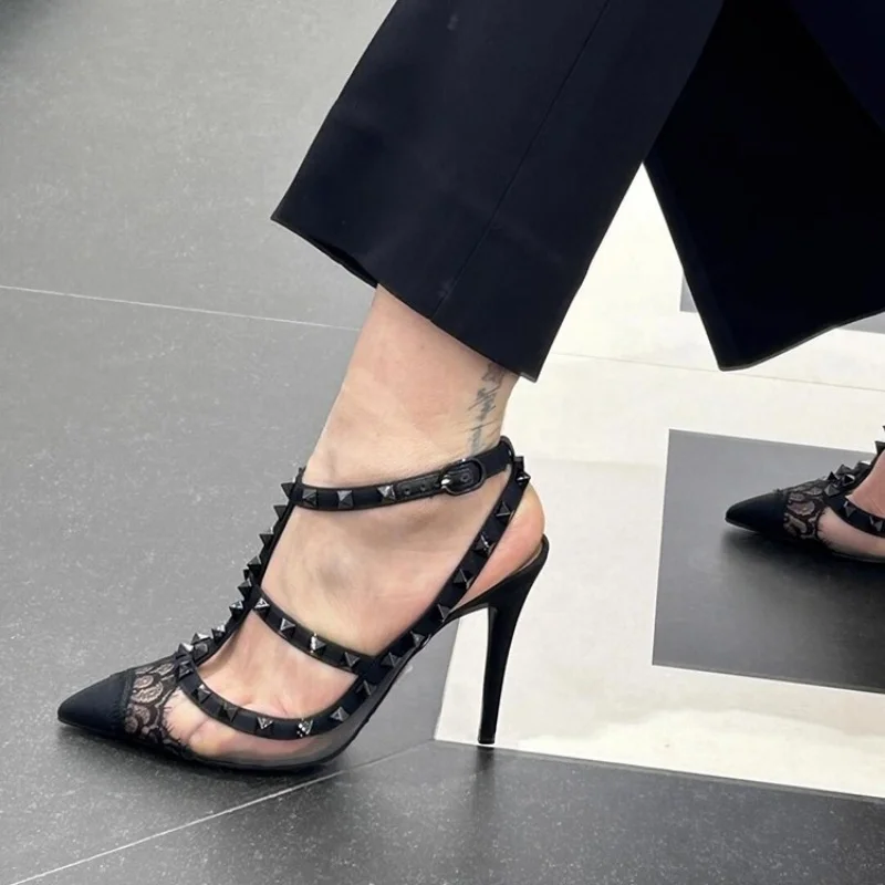 

Rivet Toed Black Lace Sandals for Women 2025 Summer New Lace Patchwork Fashion Sexy Backless High-Heeled Shoes for Outdoor Wear