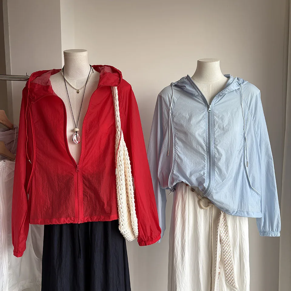 Spring/Summer New Hooded Sunscreen Jacket Korean Casual Fashion Simple Loose Solid Color Splicing Drawstring Women's Thin Coat