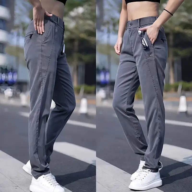 Spring New Men Straight Casual Pants Summer Thin Lyocell Tencel Straight Embroidered Zipper Stretch Sports All-match Pants