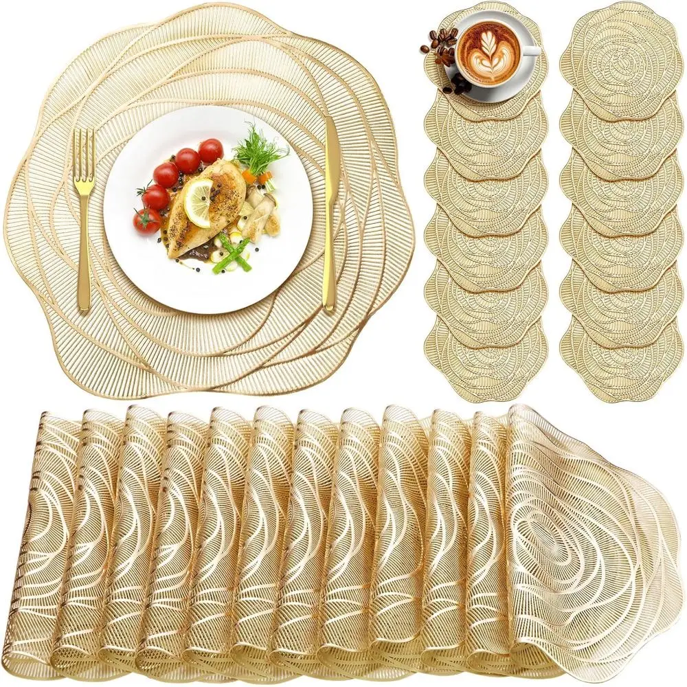 

Набор виниловых салфеток и подставок с золотыми полыми розами, нескользящие для свадеб и кухни