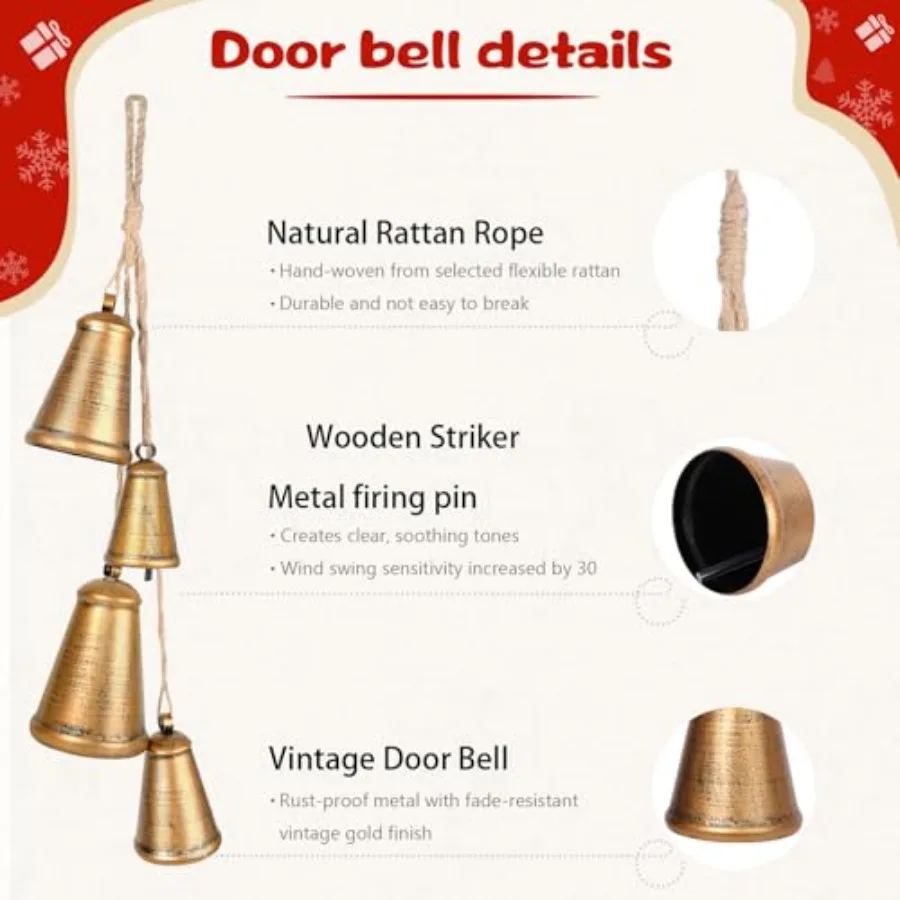 الصدأ الذهب أجراس البقرة مجموعة من 4 ريفي كبير عيد الميلاد أجراس البقر ديكور للمنزل مقبض الباب شجرة عيد الميلاد جارلاند إكليل الدرج X