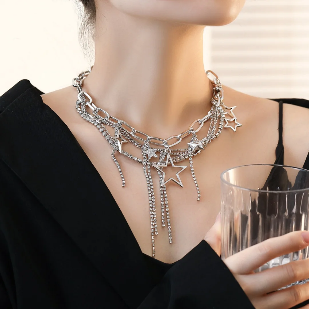 

DUTRIEUX Multilayer Vintage Star Rhinestone Tassel Link Pendant Necklace Creative Exquisite Design Y2K Choker Chain Jewelry