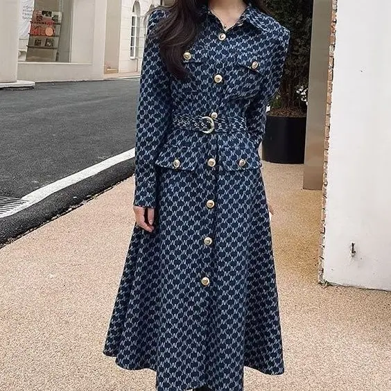 Fashionable small fragrance temperament denim dress for women in spring and autumn 2023 new high-end slim single breasted