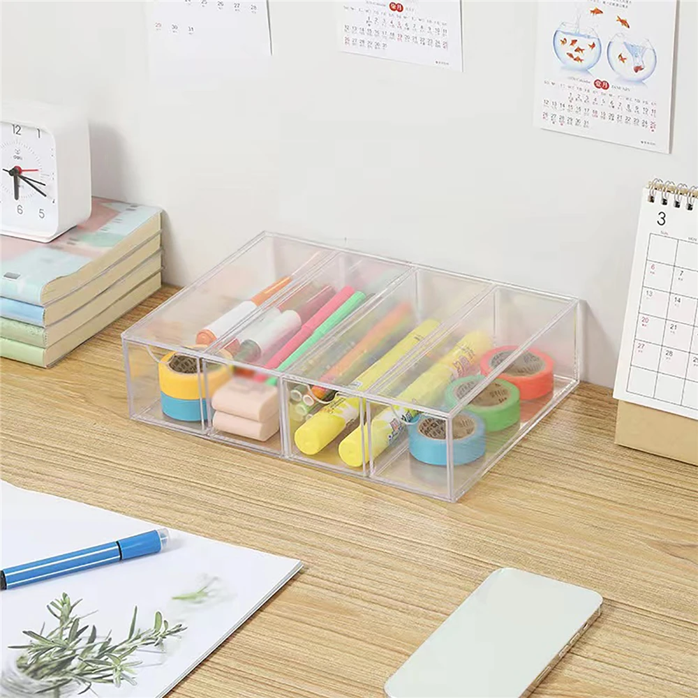 4Layers Clear Acrylic Organizer Box Stackable Stationery Pens Storage Holder Glasses Cosmetics Makeup Jewelry Storage Drawers