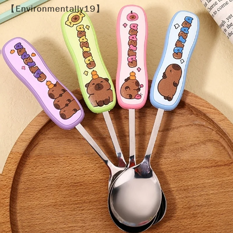 1 Set Kawaii Kapibala Spoon And Chopstick Suit Cartoon Portable Tableware Gift Cute Child Stainless Steel Spoon Silicone Handle