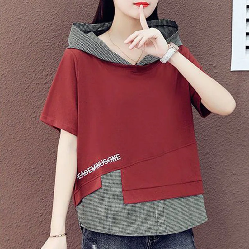 Fashion Hooded Spliced Lattice Fake Two Pieces Blouse Female Clothing 2023 Summer New Casual Pullovers Korean Embroidery Shirt