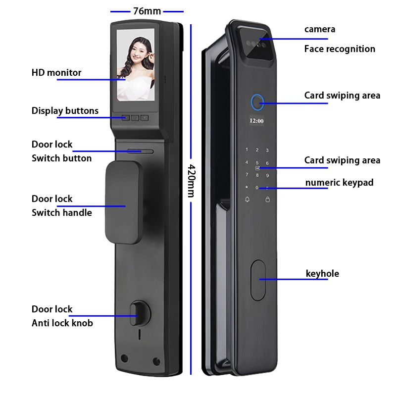 Smart Door Lock Voice Intercom 3D Face Fingerprint Card Swiping Mechanical Key Cat Eye App Unlocking