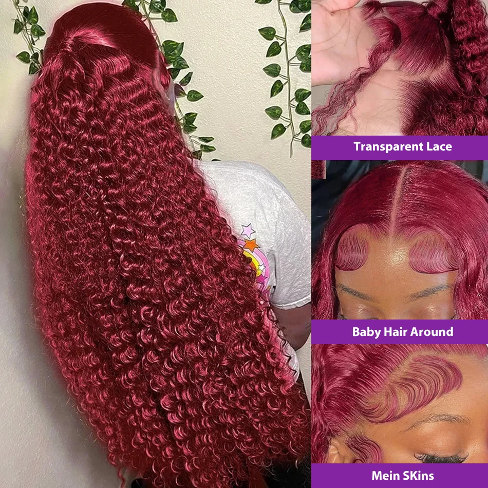 30 40 Inch 99J Burgundy 13X6 HD Lace Frontal Human Hair Wigs Red Curly 13X4 Colored Deep Wave Lace Front Human Hair Wig