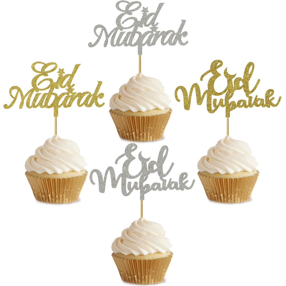 20 Pezzi 3x5 Pollici Glitter Oro Glitter Argento Eid Mubarak Cupcake Topper Per Eid Party Decorazione Cupcake