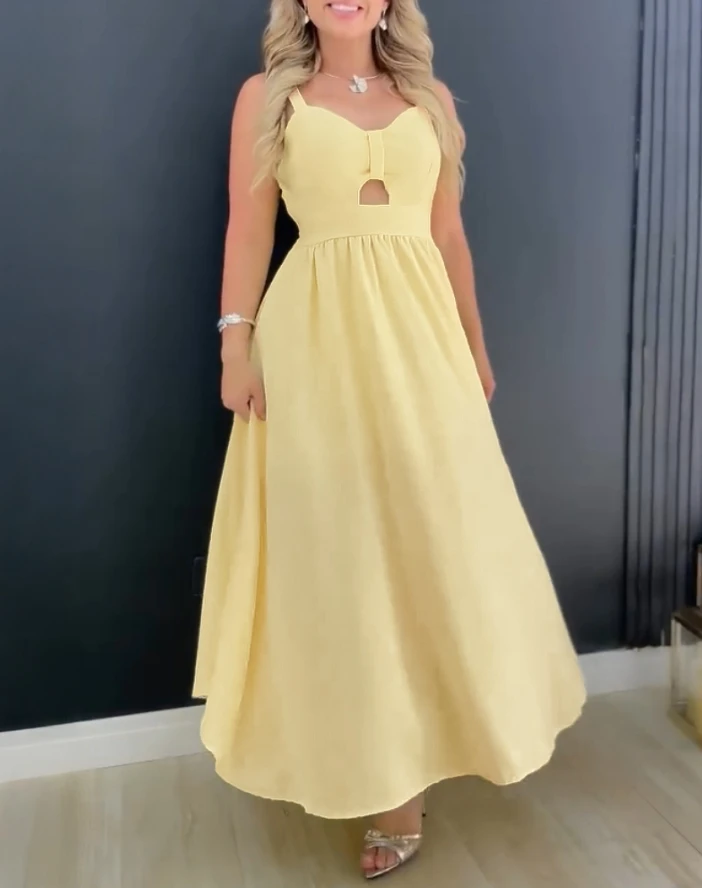 

Women's Dress 2025 Spring Summer Latest Plain Tied Detail Hollow Out A Line Long Skirt Casual Waist Spaghetti Strap Maxi Dress