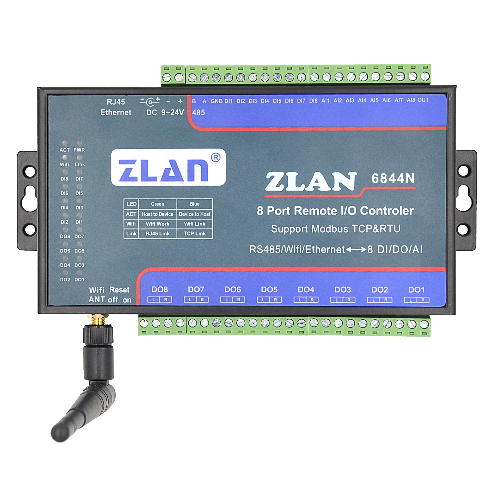 ZLAN6844N 8 channels wifi AI/DI/DO Remote I/ O Controller LAN Modbus TCP P2P data collector module