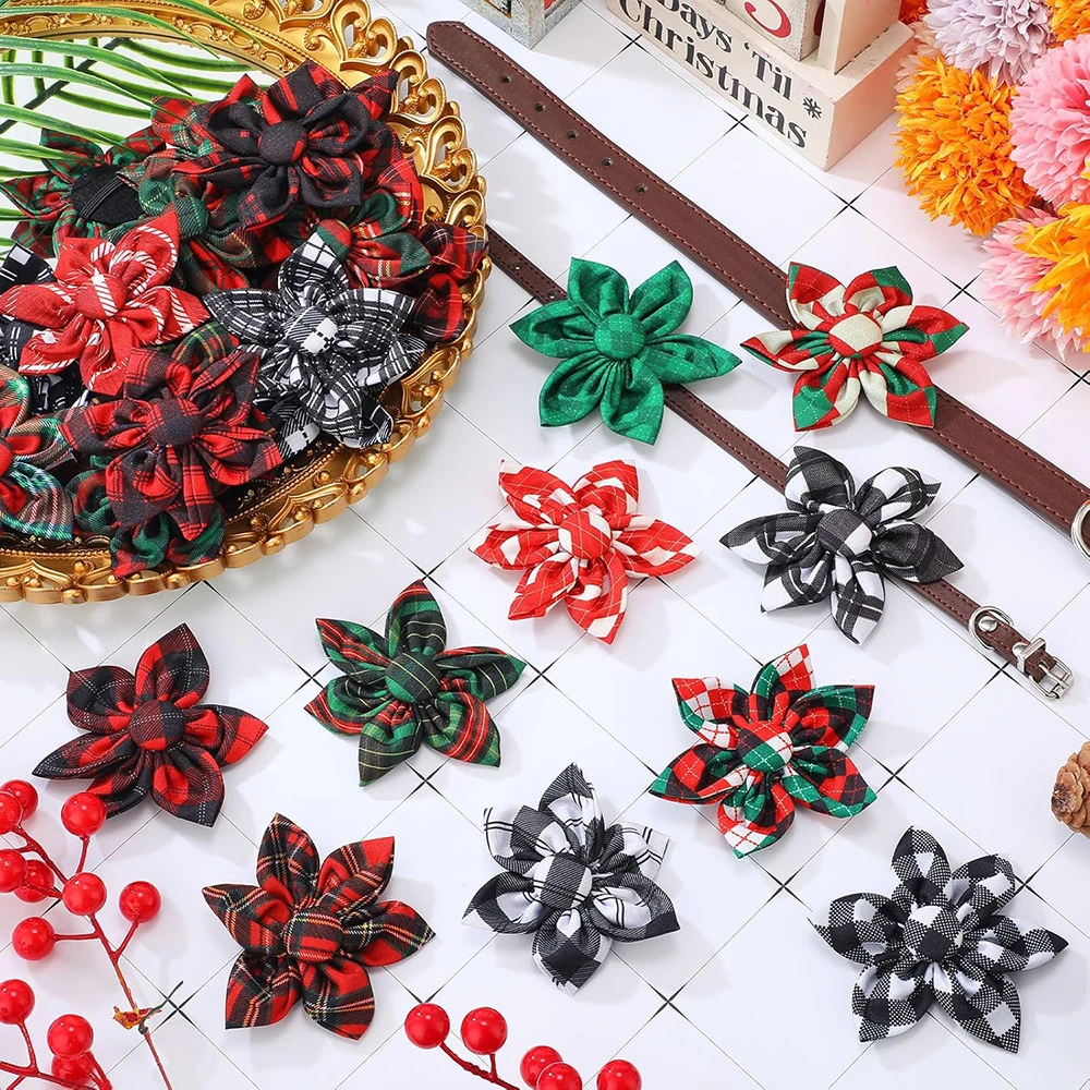 50/100pcs Christmas Dog Flower Bowties Dog Collar Supplies Slidable Plaid Pet Bows Puppy Accessories for Small Middle Large Dogs