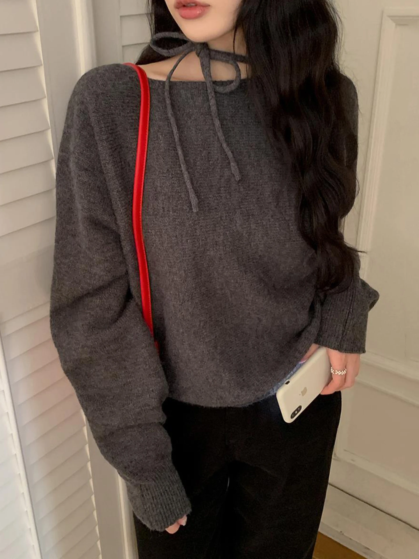 Doux Sle asymétrique sangle nœud tricoté pull femmes automne hiver Anti-âge doux polyvalent oulder Bared tricots