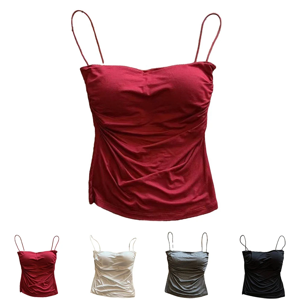 1pc Tank Top Women With Built In Bra Strap Tank Casual Sexy Female Spaghetti Strap Vest Solid Color Casual Summer Suspender Belt