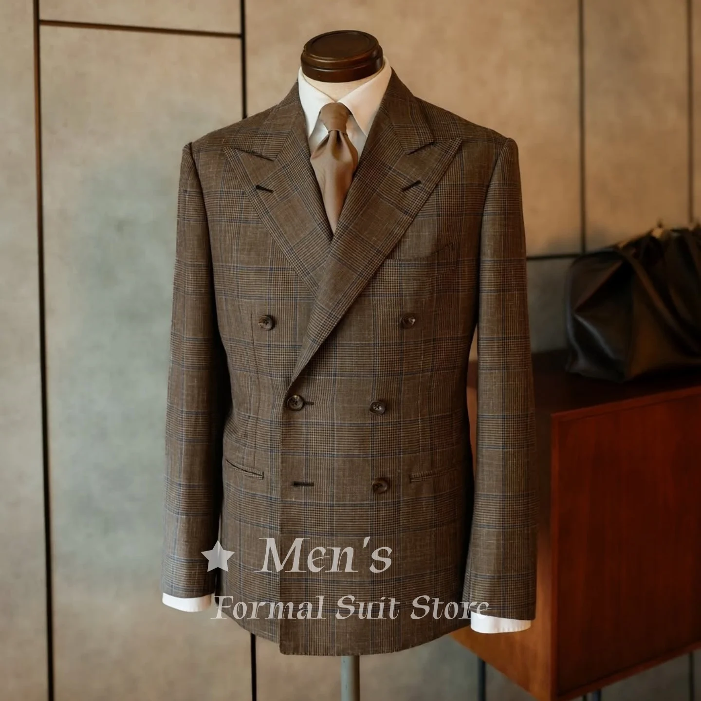 

Luxury Men's Brown Glen Plaid Double Breasted Blazer Italian Style Peak Lapel Suit Jacket Formal Coat for Wedding Customized