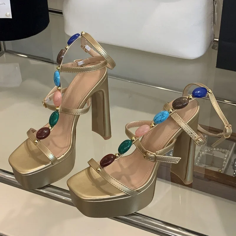 

Eilyken Summer Open Toe Women Sandals Fashion Platform Narrow Band Buckle Strap Square Heels Party Shoes Zapatillas De Mujer
