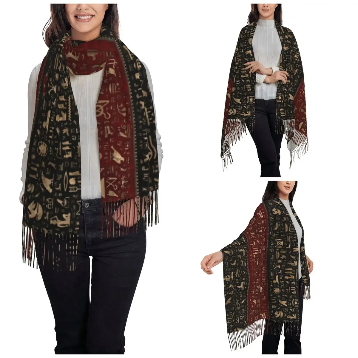 Ancient Egyptian Hieroglyphs Shawl Wrap for Womens Winter Warm Long Soft Scarf Egypt Deities Gold Neckerchief Tassel Scarves